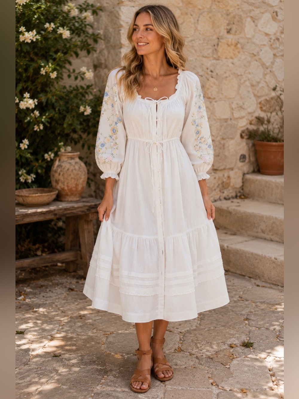 DAMSON MADDER Junia Long Sleeve Floral Embroidered Midi Dress Size 12 NEW